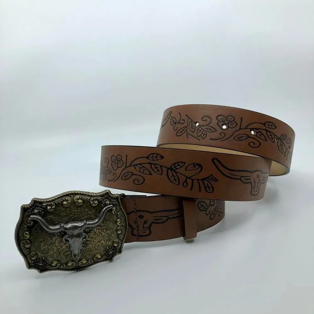 Women's Western Brown Belt w/ Big Longhorn Buckle, 31.5–40.5 Inches, X7G9A796